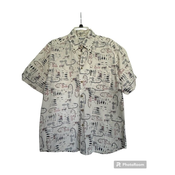 Columbia Mens Medium Short‎ Sleeve Button Up Shirt Fish Pattern 100% Cotton - Picture 1 of 5